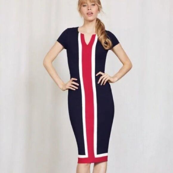 Boden Flora Ponte Navy Pink Midi V-Neckline Sheath Silhouette Size 4P - Picture 1 of 9